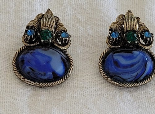 Vintage Blue Swirl Clip On Earrings