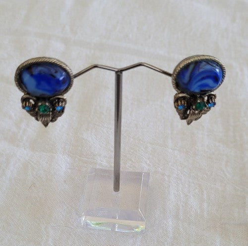Vintage Blue Swirl Clip On Earrings