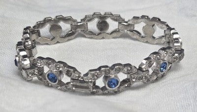 Engel Brothers Vintage Silver Tone Blue Rhinestone Open Link Bracelet Mid...