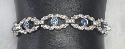 Engel Brothers Vintage Silver Tone Blue Rhinestone Open Link Bracelet Mid...