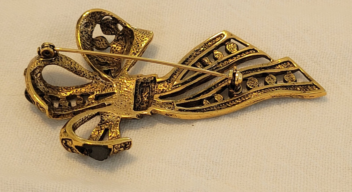 Elegant Vintage Gold Tone & Black Ribbon Brooch