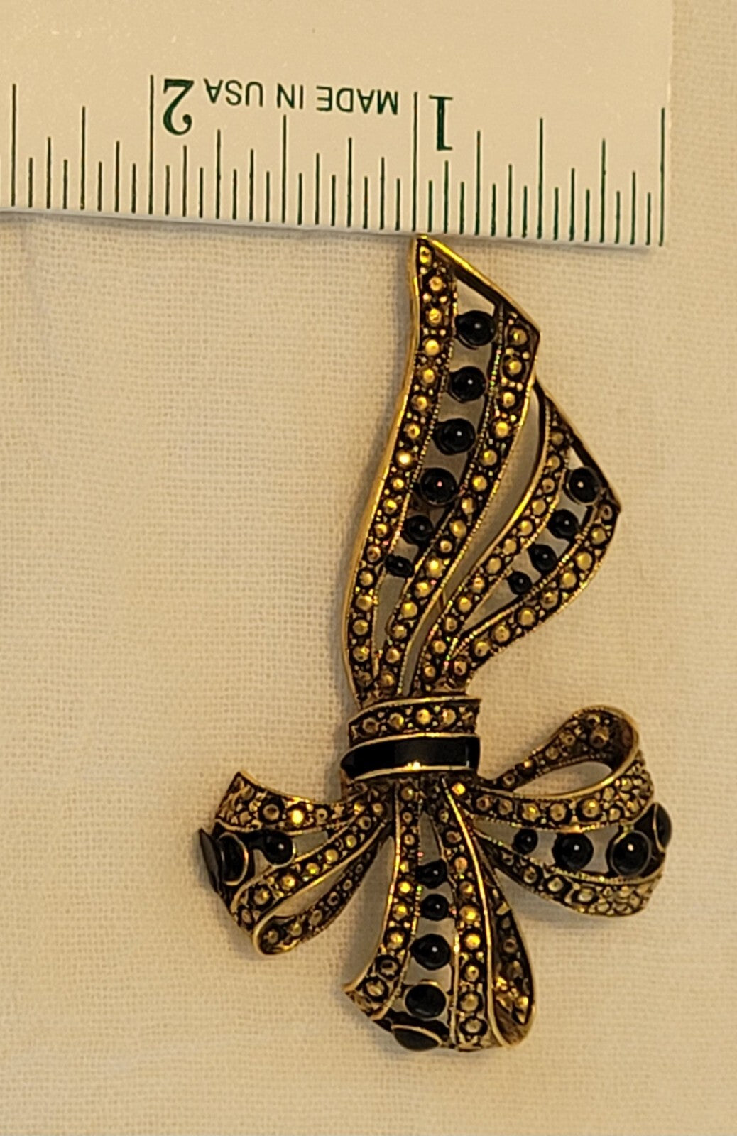 Elegant Vintage Gold Tone & Black Ribbon Brooch