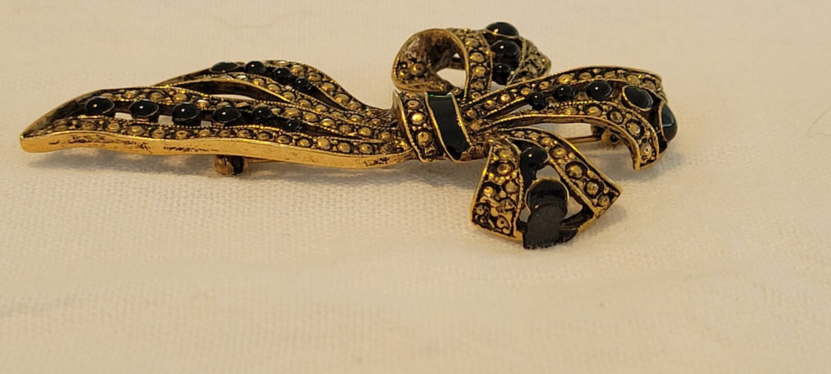 Elegant Vintage Gold Tone & Black Ribbon Brooch
