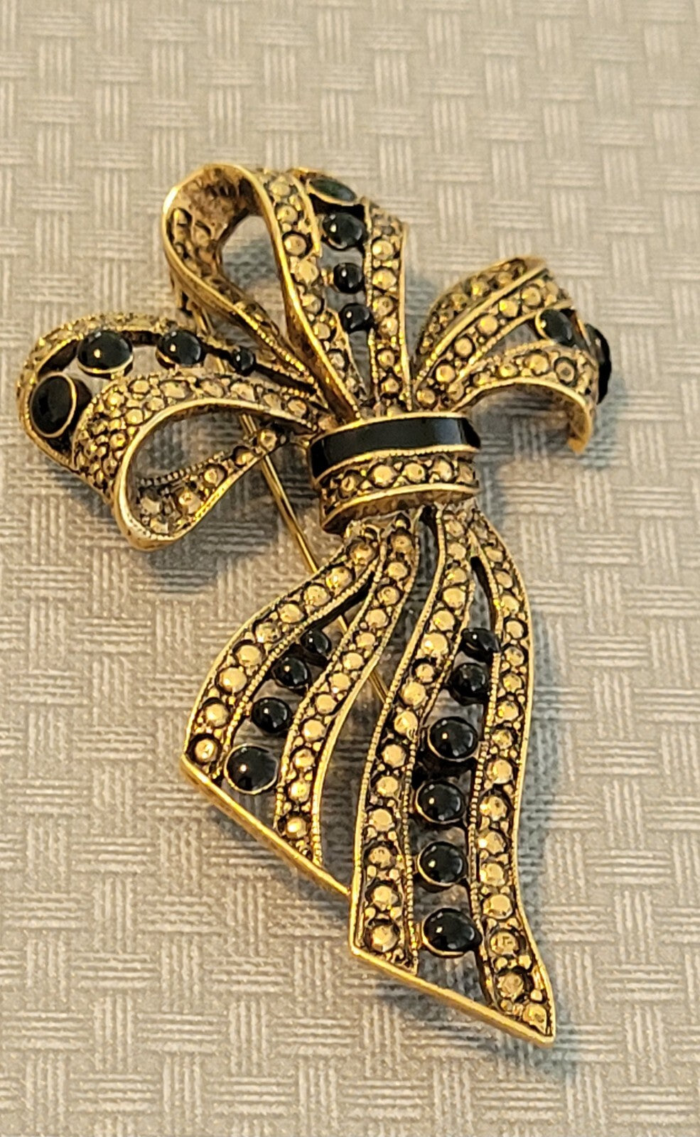 Elegant Vintage Gold Tone & Black Ribbon Brooch